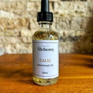 Front view of Calm Intentional Oil with amethyst, lavender, chamomile and other botanicals, designed for relaxation and mindfulness